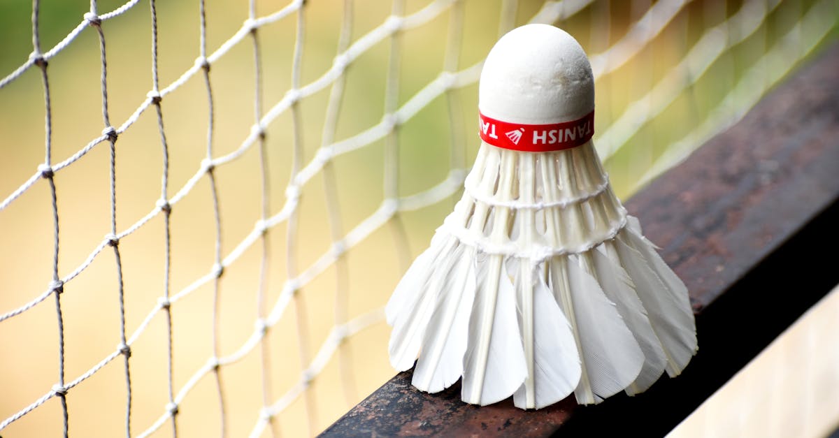 A detailed view of a shuttlecock resting on a badminton net outdoors.