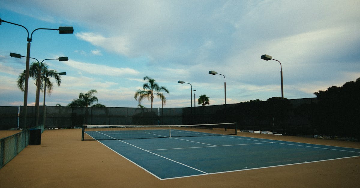 An empty outdoor tennis court surrounded by palm trees and light posts under a partly cloudy sky.